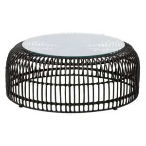 Ponoka Glass Top Outdoor Coffee Table With Rattan Base In Black