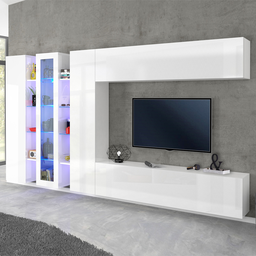 Mcrae LED White Glossy Entertainment Unit With 1 Glass And 4 Doors In White