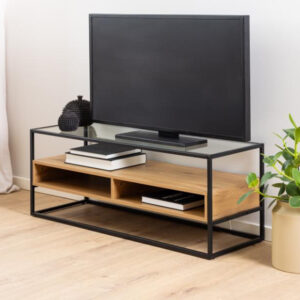 Rattvik Clear Glass TV Stand With 2 Shelves In Matt Wild Oak